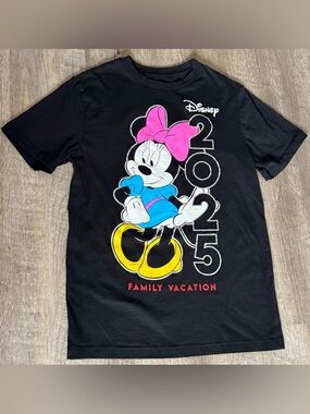 Disney Black Minnie Mouse Graphic T-Shirt with Pink Bow & Blue Dress, US 4, S